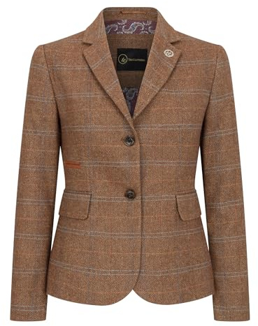 Blazer en Tweed Marron Chêne Pour Femme, Coupe Ajustée, à Carreaux Chevrons