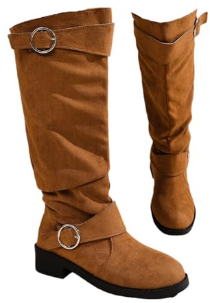 Slouchy mocka fuskknähöga, bred vad tjock sula höga stövlar kvinnor rund tå dra på höst vinter platta stövlar, Varm 1, 5.5 UK Wide