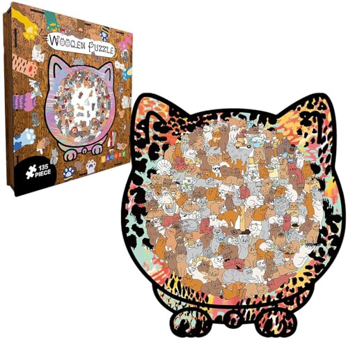 Puzzles Chat - Décor Mignon et Drôle avec Cadre Photo - 135 Pièces Puzzles en Bois pour Adultes avec Boîte De Rangement - pour Les Amateurs d'animaux, Le Jeu, Le Salon Et L'Exposition sur
