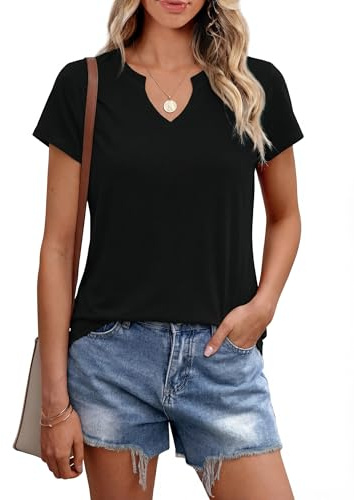 Leversic Top Mujer Escote en V Camiseta Básica Casual de Manga Corta Suelta Color Sólido Verano(Negro,L)