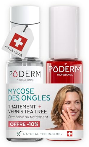 PODERM Sérum Mycose des Ongles + Vernis à Ongles Rouge Puissant – Antifongique, Répare & Camoufle les Ongles Jaunis, pour des Ongles Visiblement Plus Sains | Développé par une Podologue | Swiss Made