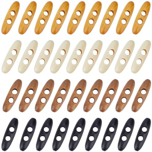 GORGECFAFT 1 Schachtel 60 Stück 4 Farben Holz Knebelknöpfe 4cm Doppellöcher Olivenform Nähknöpfe Ovale Holzpullover Mäntel Nähzubehör Für Jacken Kleidung DIY Kunsthandwerksprojekte