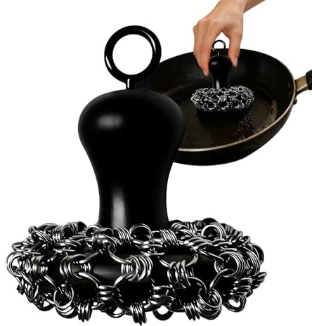 Pulitore per pentole in ghisa - Lavapavimenti | Catena in metallo con impugnatura ergonomica per piastre grill, forno olandese, spazzola da cucina, campeggio, camper, pulizia della casa | Argento Blu