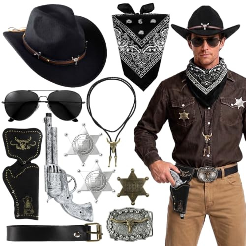 IETWATE 11 st cowboy kostym män tillbehör västerländsk outfit män | Retro outfit cowboy bälte västerländsk kostym halloween karneval hölst halsband bandana märke bälte spänne solglasögon