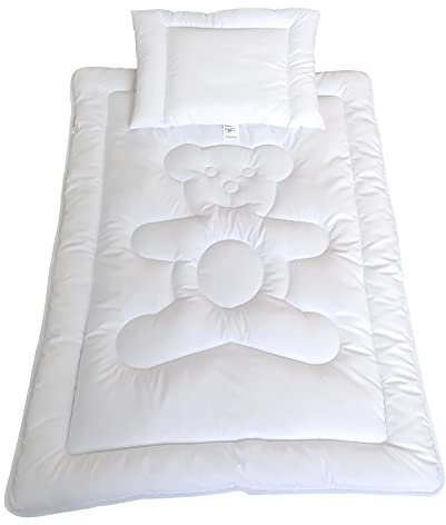 TM Maxx Baby Set Kinderdecke Bettdecke Decke U-Kissen Steppbett mit Kissen • Decke 100x135cm • Kissen 40x60cm • Bärchen Motiv Weiß Zarte Mikrofaser Öko-Tex 100 Nachhaltiges Produkt