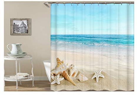 AMDXD Polyester Duschvorhang Strand Welle Stern Tritonshorn Design Badewanne Vorhang Bunt für Badezimmer Waschbar 120X180CM