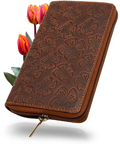 Taled Leder Geldbörse Damen mit 12 Kartenfächern & RFID-Schutz – Großes Portemonnaie aus Naturbraunem Echtleder mit Blumenprägung für Alltag und Reise