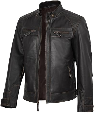 fjackets Real Lambskin Leather Biker Jacket — Quilted Cafe Racer Zip Up Moto Leather Jacket Men motorcycle | [1100113] Johnson Ruboff, M