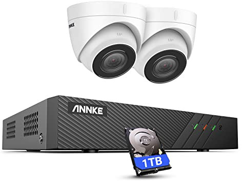 ANNKE 5MP PoE Kit Caméra de Surveillance Extérieure, Kit Vidéo Surveillance 8CH 6MP NVR et 2 X 5MP Caméra IP PoE avec Audio,IP67 Etanche,Vision Nocturne EXIR 2.0 de 30M,Détection de Movement, 1TO HDD