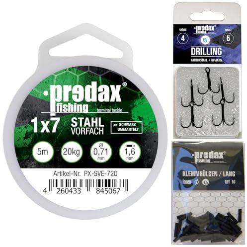 Predax Stahlvorfach 1x7 5m 20kg + 50 Klemmhülsen 1,6mm + 5 Drillinge Gr. 4 - Vorfach Set zum Angeln auf Hecht, Stahlvorfächer & Stinger