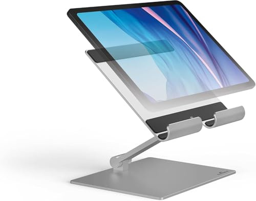 Durable Tablet Tischständer, Smartphone Halterung, faltbar, silber, 894023 | Tablet Ständer RISE, für iPad & Geräte bis 13 Zoll, stufenlose Höhen- & Winkelverstellung, aus Aluminium, Belastbar bis 1kg