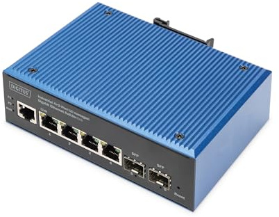 DIGITUS Commutateur réseau PoE - 6 Ports Gigabit Ethernet - 4X RJ45 + 2X SFP - IP40 - L2 géré - 10/100/1000 Mbit/s - Montage sur Rail DIN - série Industrielle - Noir/Bleu