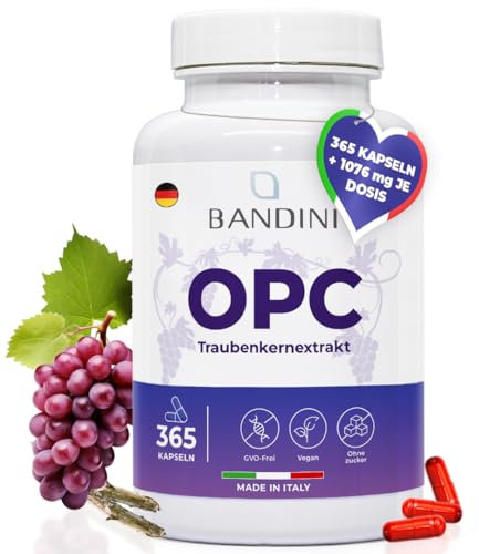 Bandini® OPC Traubenkernextrakt 365 Kapseln | Hochdosiert mit 1076mg je dosis | Höchster Gehalt nach HPLC | Aus italienischen Weintrauben | 1052mg Extrakt mit 999,4mg OPC + 24mg Vitamin C | 6 Monate