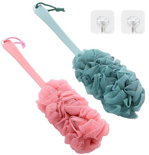 2 Stück Badebürsten mit langem Griff, 2 Haken, Duschbürsten, Rückenbürste mit langem Griff für die Dusche, Schwammrücken mit langem Griff, Körperbürste für die Dusche, Badebürste