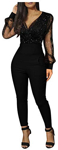 Byxdress dam festlig elegant | jumpsuit paljetter dam | långärmad glitteroverall elegant festlig bröllop byxor sexig v-ringad lekdräkt lång sparkdräkt cocktail lekdräkter, svart, L