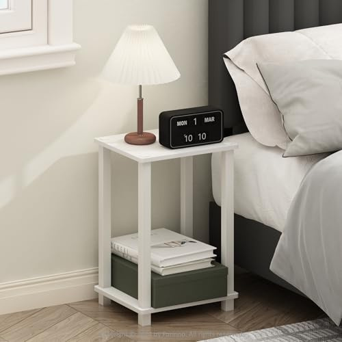 Furinno Simplistic Mesita de Noche pequeña de 2 Niveles con Estante Abierto, sin Herramientas, Mesa Auxiliar para Dormitorio o Sala de Estar, Blanca