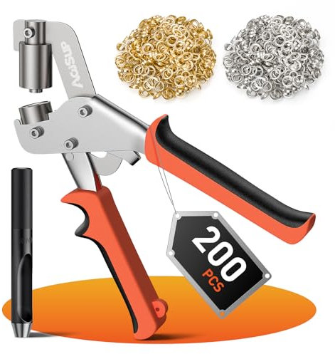 AojSup Profi Ösenzange Set mit 200 Rostfreien Ösen - Ø 10mm, Magnetische Ösenpresse aus Gehärtetem Stahl I Ösenstanze für Stoffe, Planen und Sonnensegeln