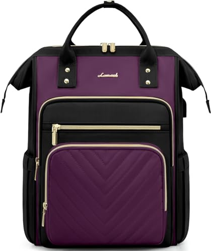 LOVEVOOK Laptop Backpack for Women, 15.6 inch Womens Backpack for School College with USB Port & Anti-theft Zipper, Large Computer Laptop Rucksack Casual Daypacks for Business Travel, Black Purple