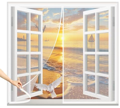 Magnetvorhang Fenstervorhang Schutzgitter,W95xH105cm Klebemontage Ohne Bohren,Magnet Fliegen Gitter Tür für Wohnzimmertür Schlafzimmertür Schiebetür Innovativ Weiß