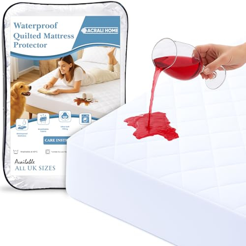 Acrali Home Quilted Waterproof Mattress Protector Double Bed, 4-Layer Super Absorbent Design, Non-Slip Extra Deep Fitted Skirt, Machine Washable, Antiallergic & Breathable Hotel Quality Bed Covers