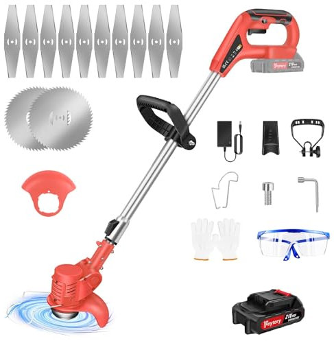 Cordless Strimmer,Garden Strimmer Cordless With 1 * 1.5Ah Battery And Charger, 21V Grass Strimmer Set With Height Adjustable, Cutting Speed 10000 Rpm, For Mowing Lawns, Pruning And Weeding,Red