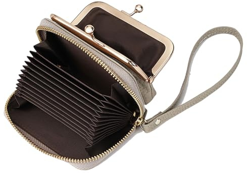 Karoukee Karouee Portefeuille Femme en Cuir Véritable - 2-en-1 Porte-Cartes et Porte-Monnaie avec Blocage RFID - Pochette Compacte avec Dragonne Amovible - Fermeture Kiss-Lock(Gris)