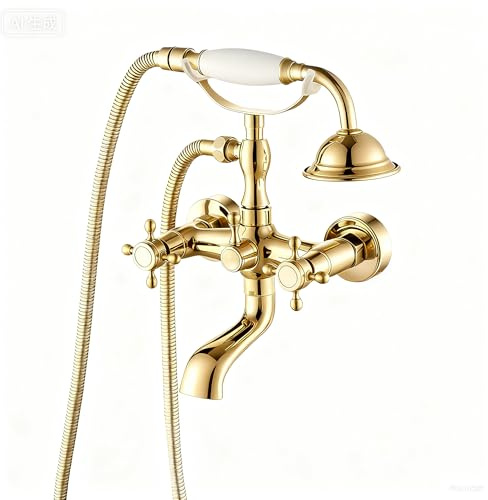 Clawfoot Tub Faucet with Hand Held Bathtub Faucet, Tub Shower Kit Victorian Double Cross Handle, 6 Inch Center Adjustable Swing Arms Tub Mount Short Adapter Antique Brass (Polished Gold)