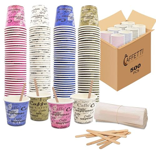 Caffetti Juego de 500 vasos de café + 500 paletas – Vasos de 75 ml de papel de colores y paletas desechables reciclables, para restaurantes, oficinas, para llevar, bar, expreso
