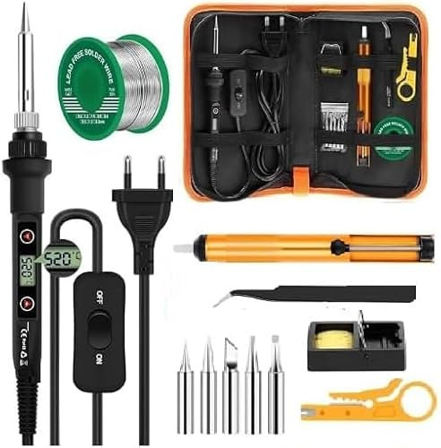 Lötkolben Set 80W Lötkolben mit Ein/Aus Schalter,LCD Einstellbar Temperatur 180-500°C, 8g Lötdraht, 5 Lötspitzen, Entlötpumpe, Lötkolbenständer, Pinzette, Lötset für Elektrische Arbeiten (A)