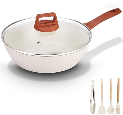 Kixolo Keramikpfanne Bratpfanne 28 cm, Pfanne mit Deckel und 4 Pcs Geschirr, Hoher Rand, keramik Antihaftbeschichtung, Schmorpfannen, PFOS/PFOA-frei, Antihaft Wokpfanne für alle Herdarten