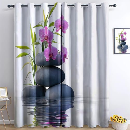 Generisch Weiß Vorhang Blickdicht mit Ösen, Pflanzen Blumen Felsen Druck Vorhang - Polyester Schallschutz Gardinen für Wohnzimmer Schlafzimmer Fenster Dekoration 2er Set H214 x B92 cm
