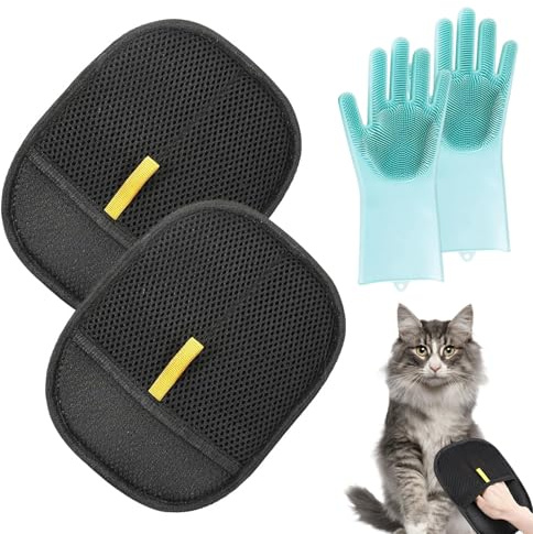 UOSIWYA Pet Hair Remover Katzenhandschuh, 2 Stück Handschuhe Doppelseitig und 2 Paar Silikon Fellpflegehandschuh Fellhandschuhe Grooming Gloves für Hunde Katzen Tierhaarentferner Baden