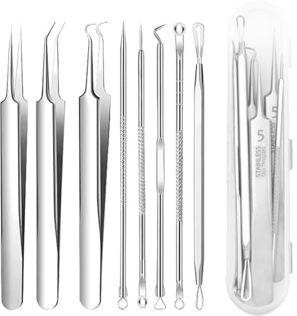 Kit di Strumenti Rimozione Punti Neri, 8 Pezzi Punti Neri Rimozione,Blackhead Estrattore Ago Acne in Acciaio Inox con Ppinzette e Custodia per Punti Neri Acne Punti Bianchi Brufoli