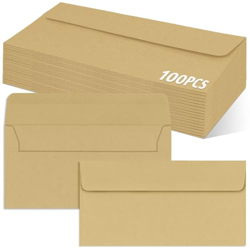 AMFUN 100PCS Briefumschläge aus vintage Kraftpapier, 220x110mm Brief-Umschläge Haftklebung Ohne Fenster, Briefumschlag mit Nassklebung für Geburtstagskarten Einladung Grußkarten