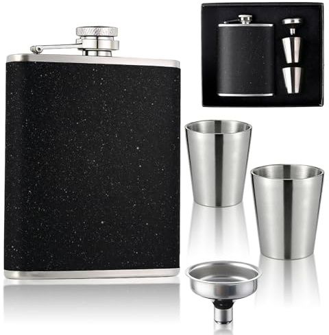 Hip Flask for Liquor, Hip Flask 8Oz with 2 Small Cup and 1 Funnel, 304 Stainless Steel Portable Whiskey Flasks for Whiskey Or Other Alcoholic Beverages (Black)