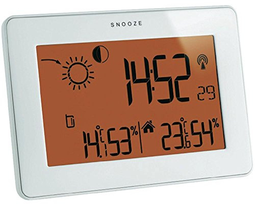 TFA Dostmann 35.1128.01 Slim Touch Station météo sans fil avec écran tactile, mesure de la température extérieure et du taux d'humidité via un émetteur, indication de la température intérieure et du taux d'humidité, prévisions météorologiques, horloge radio et alarme, phase lunaire blanc