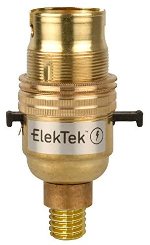 ElekTek Safety Switched Lamp Bulb Holder B22 BC Bayonet Cap & Shade Ring - 7/16th Screw Wood Mount base Brass Made in UK - Child Safe Switch Push Bar locks OFF & cuts power if no bulb fitted