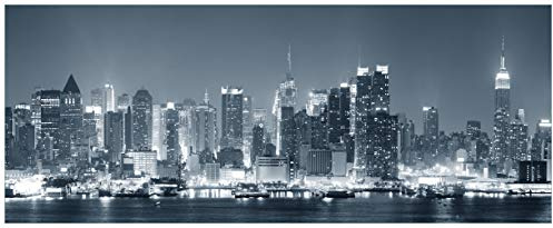 Wallario Glasbild New York Skyline - Schwarz Weiß Blau - 50 x 125 cm Wandbilder Glas in Premium-Qualität: Brillante Farben, freischwebende Optik
