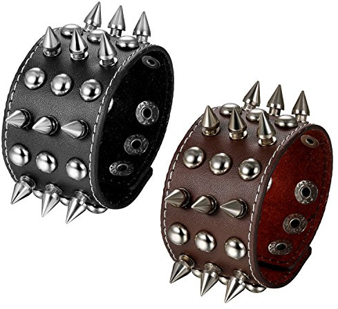 JewelryWe Schmuck Herren Lederarmband, Punk Rock Nieten Killernieten Druckknopf Breit Leder Armband Armreif Manschette, Schwarz/Braun