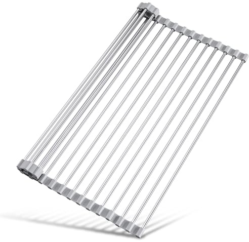 Tomorotec Roll-Up Geschirrabtropfgestell, spüle abtropfgitter, tragbares Edelstahl-Rollgestell, spülbecken Organizer, platzsparendes Regalhalter, Grau (45 * 29)
