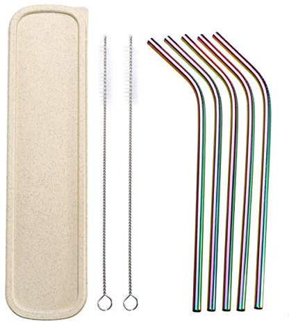 RanDal Pailles métalliques réutilisables en acier inoxydable de paille 8pcs paille incurvée colorée de boire avec la brosse de nettoyage