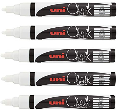 Uni-Ball Chalk - 5 Marqueurs Craie Chalk PWE-5M - Multi-Usage - Résistant à la Pluie - Vitre Miroir Tableau Ardoise - Pointe Conique Medium 1.8-2.5 mm - Uni Mitsubishi Pencil - Lot de 5 - Blanc