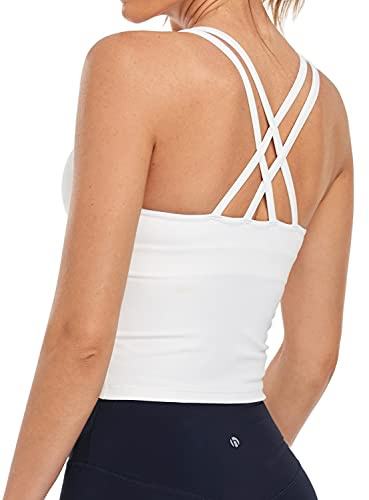 HeyNuts Longline Zeal Sports Bras for Women, Medium Impact Wirefree Yoga Bras Padded Workout Tank Tops Hawthorn Athletic Crop Tops White M