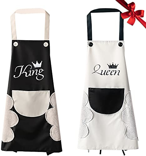 SIMSPEAR 2 Pezzi Grembiuli da Cucina Chef, King e Queen Grembiule Cucina Donna Uomo con Tasche per Cucina, Giardino, Ristorante Coppia Grembiule per Regalo Compleanno, Regalo San Valentino Natale