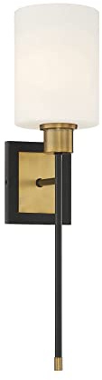 Savoy House 9-1645-1-143 Alvera Mid-Century Modern White Opal Glass Wall Sconce, 1-Light 60 Watt, 23 H x 6 W, Matte Black with Warm Brass Accents