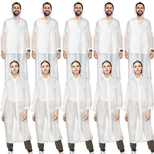 Vicenpal 10 Pcs Rain Ponchos for Adults Reusable Raincoat EVA Rain Coats for Women Men Waterproof Jacket with Drawstring Hood Sleeves