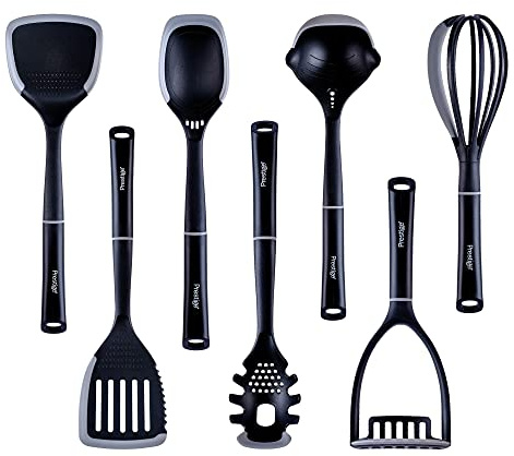 Prestige Set di 7 utensili da cucina 2 in 1 – Set di utensili da cucina con bordi in silicone antigraffio, resistenti al calore per proteggere pentole antiaderenti, nero e grigio