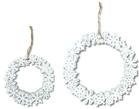 Holz LED Kranz mit Schneeflocken und Sternen weiß Leuchtkranz Türkranz Deko-Hänger 2er Set - 22 und 38cm