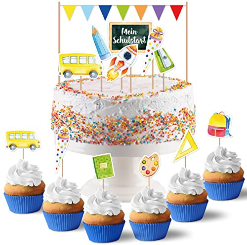 Papierdrachen Cake Topper Aquarell - Kuchendekoration Kuchenstecker 19-teilig - Decor Pins für Einschulungskuchen - Einschulungsfeier Tortendeko