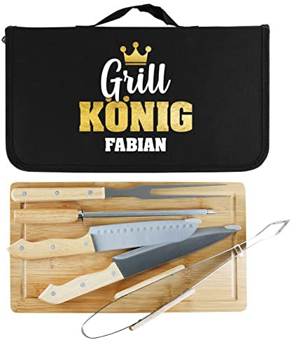 Herz & Heim® Grillbesteckset 7-teilig, inkl. Holzbrettchen und personalisierter Tasche, Verschiedene Motive zur Wahl Grillkönig